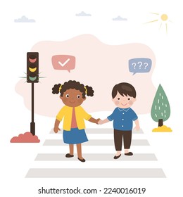 African american girl and caucasian boy cross road at crosswalk. Pedestrian safety, kids follow rules of road. City view, urban road, traffic light. Multiethnic children characters at street. vector