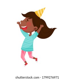 African American Girl Character in Birthday Hat Jumping with Joy Vector Illustration