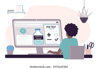 African American Girl Checking PCR Test Results. Black Woman Not Infected Covid-19. Information About Coronavirus On Computer Screen. Health Care Concept. Negative Test Result. Vector Illustration