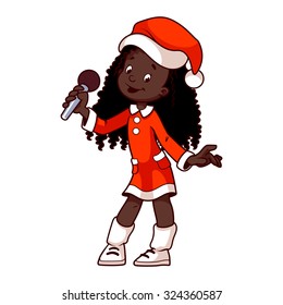 African American girl in Christmas dress singing with microphone. Vector clip-art illustration on a white background. Cartoon character.