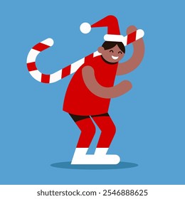 African American Girl with Christmas Santa Hat with lollipop. Banner, card and poster design. Flat Vector illustration.