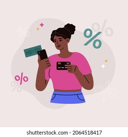 African american girl with credit card and phone. Investing money to receive interest. Internet banking. Hand drawn vector illustration on white background with percent icons. Flat cartoon style.