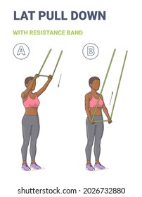 African American Girl Doing Lat Pulldown Home Workout Exercise with Thin Resistance Band Guidance. Black Woman in Sportswear Do Fitness Exercise Lat Pull Down with Rubber Loop Equipment.