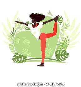 African American girl doing yoga exercises. Cute cartoon female character. Young black woman in sport leggings and t-shirt on green background with tropical leaves. Vector.