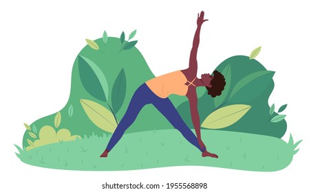 African American girl doing yoga in a park on a background of green leaves. Flat vector illustration