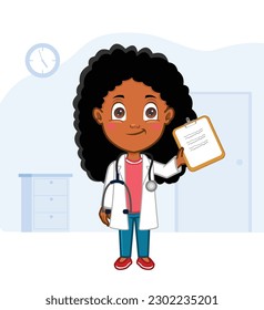 African American girl  dressed like a doctor holding clipboard in office 