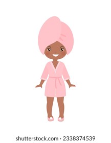 African american girl dressing in bathrobe, isolated on white background. Cartoon flat style. Vector illustration