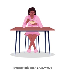 African american girl eating cereals semi flat RGB color vector illustration. Healthy and delicious breakfast. Young woman enjoying muesli with milk isolated cartoon character on white background