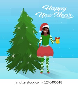 african american girl elf costume near fir tree happy new year merry christmas concept flat