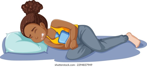 African American Girl Experiencing Menstrual Cramps During Puberty illustration