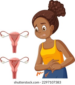 African American Girl Experiencing Menstrual Cramps During Puberty illustration