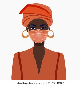 African american girl in face mask. COVID-19 conceptual vector illustration. Protection against coronavirus or respiratory virus. Prevention of respiratory tract infections.