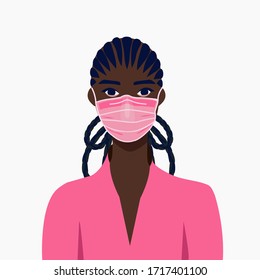 African american girl in face mask. COVID-19 conceptual vector illustration. Protection against coronavirus or respiratory virus. Prevention of respiratory tract infections.