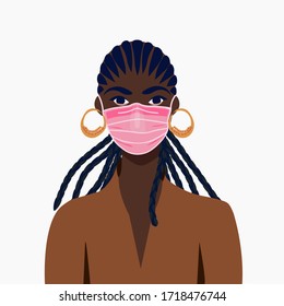 African american girl in face mask. COVID-19 conceptual vector illustration. Protection against coronavirus or respiratory virus. Prevention of respiratory tract infections.