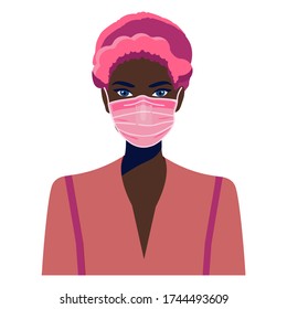 African american girl in face mask. COVID-19 conceptual vector illustration. Protection against coronavirus or respiratory virus. Prevention of respiratory tract infections.