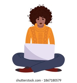 African American girl freelancer or student sits at a laptop. Isolated vector illustration on white background.