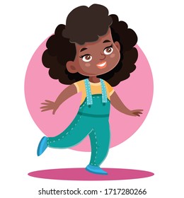 african american girl fun bouncing on one leg, isolated object on a white background, vector illustration,