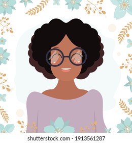 African American Girl With Glasses. Dark-skinned Cute Girl With Black Curly Hair. Floral Frame, Square Banner. Vector Illustration.