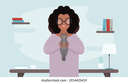 African American girl with glasses holds a gray cat in her arms. Dark-skinned woman in a room with a funny cat. Flat style. Vector.