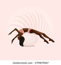 African American girl goes in for sports on gymnastic ball. Aerobics on fit-ball.  Healthy lifestyle, home or fitness room. vector illustration.