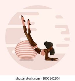 African American girl goes in for sports on gymnastic ball. Aerobics on fit-ball.  Healthy lifestyle, home or fitness room. vector illustration.