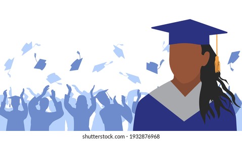 African American girl graduate in mantle and academic square cap on background of cheerful crowd of graduates throwing their academic square caps. Graduation ceremony. Vector illustration