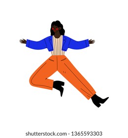 African American Girl Happily Jumping Celebrating Important Event, Dance Party, Friendship, Sport Concept Vector Illustration