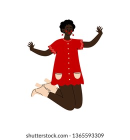 African American Girl Happily Jumping, Young Woman Celebrating Important Event, Dance Party, Friendship, Sport Concept Vector Illustration