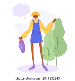 African American girl with a hat in her hand. Vector illustration in a flat style. Character for design.