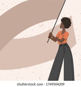 African American girl holding a banner. Human rights concept. Vector illustration in flat cartoon style on isolated background. 
