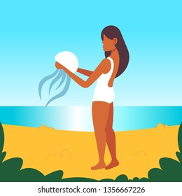 african american girl holding jellyfish danger poisonous sea animal woman having fun on beach summer vacation concept female cartoon character full length flat seaside