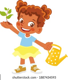 African American Girl holding sprout and watering can vector clipart