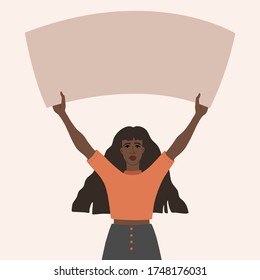 African American girl holds a banner in her hands. Vector illustration in flat cartoon style on isolated background. 