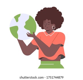 African american girl holds a globe. Travel and geography. Peace. School teacher. Vector flat illustration with character.