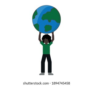 African American girl holds a globe. Travel and geography. Vector flat illustration with character.
