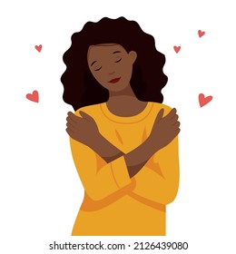 The african american girl hugs herself by the shoulders. A woman loves her body and takes care of herself. Love yourself concept. Self care. Vector flat illustration.