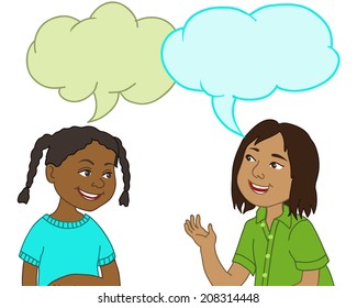 African American Girl and Indian Boy talking together. Speech bubble. Back to School children illustration. Separate Objects on white background. Editorial. Education. VECTOR.