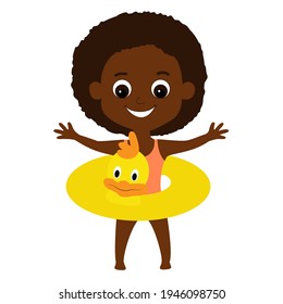 African or African American girl in a joyful mood spread his arms wide. The child is dressed in swimsuit and an inflatable yellow rubber ring in the form of a duckling. Cartoon flat summer vacation.