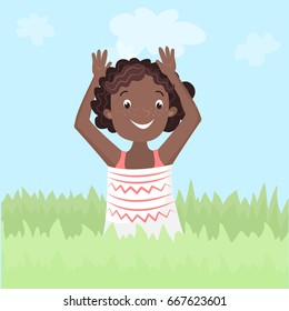 African American girl in kids summer camp. Vector cartoon illustration of happy black child. Fun active young diverse people. Holiday activity.