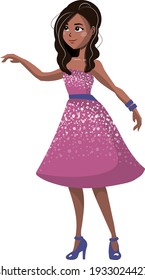 African American girl in a lilac dress with sequins. Girl in a festive dress