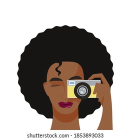 African American girl makes a photoshoot using a camera. Girl photographer with a camera front view. Vector flat design illustration.