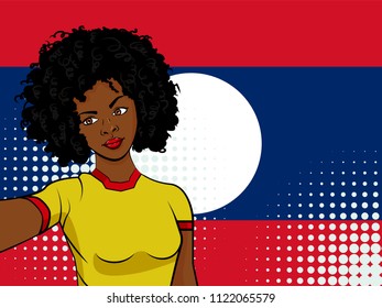 african american girl makes selfie in front of national flag Laos in pop art style illustration. Element of sport fan illustration for mobile and web apps on national flag background