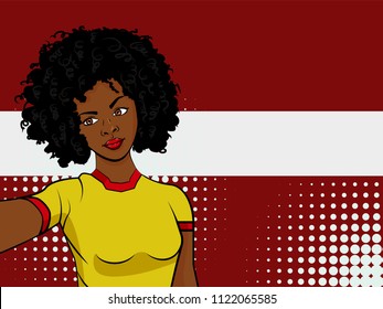 african american girl makes selfie in front of national flag Latvia in pop art style illustration. Element of sport fan illustration for mobile and web apps on national flag background