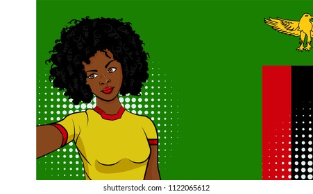 african american girl makes selfie in front of national flag Zambia in pop art style illustration. Element of sport fan illustration for mobile and web apps on national flag background