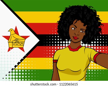 african american girl makes selfie in front of national flag Zimbabwe in pop art style illustration. Element of sport fan illustration for mobile and web apps on national flag background