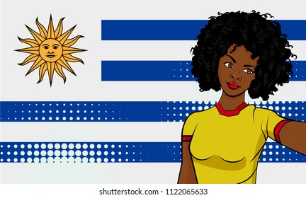 african american girl makes selfie in front of national flag Uruguay in pop art style illustration. Element of sport fan illustration for mobile and web apps on national flag background