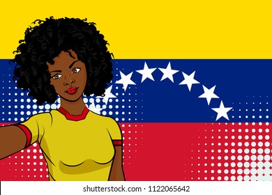 african american girl makes selfie in front of national flag Venezuela in pop art style illustration. Element of sport fan illustration for mobile and web apps on national flag background