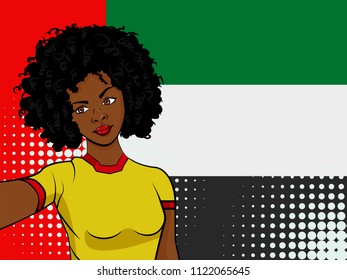 african american girl makes selfie in front of national flag United Arab Emirates in pop art style illustration. Element of sport fan illustration for mobile and web apps on national flag background