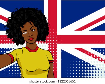 african american girl makes selfie in front of national flag UK in pop art style illustration. Element of sport fan illustration for mobile and web apps on national flag background
