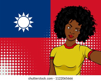 african american girl makes selfie in front of national flag Taiwan in pop art style illustration. Element of sport fan illustration for mobile and web apps on national flag background